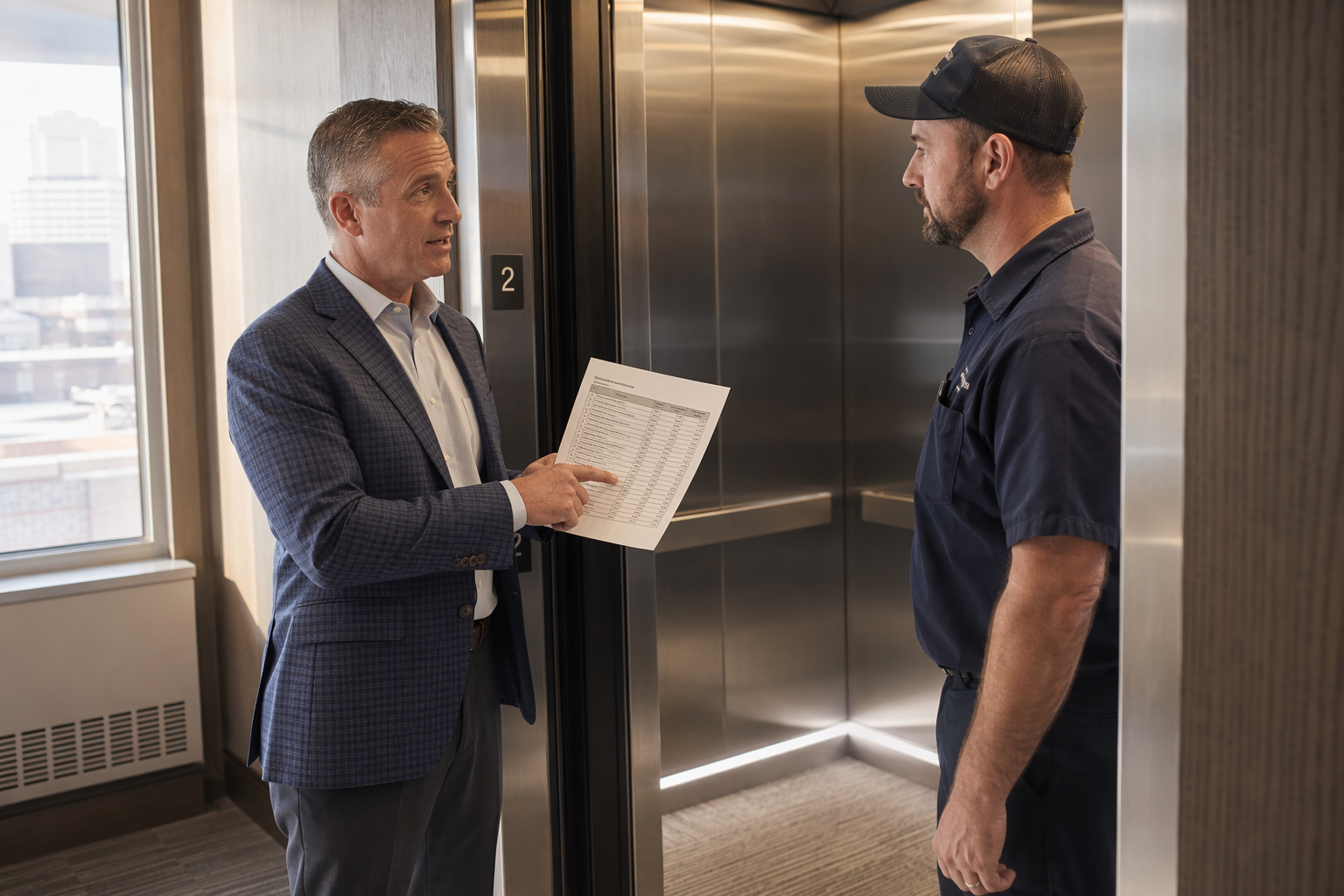 Facilities director and elevator technician comparing full-service versus parts-and-labor elevator maintenance contract tiers outside a Philadelphia office elevator cab