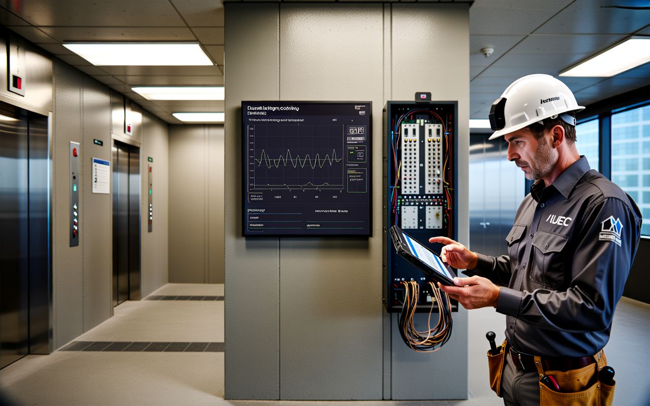 Elevator Remote Monitoring System in Machine Room Elevator technician monitoring a cloud-based remote elevator monitoring system on a tablet beside a controller cabinet in a Baltimore mid-rise machine room