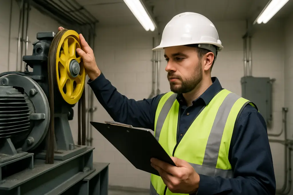 A licensed Maryland Qualified Elevator Inspector in safety gear conducting an official elevator inspection in a commercial building machine room, reviewing mechanical systems.