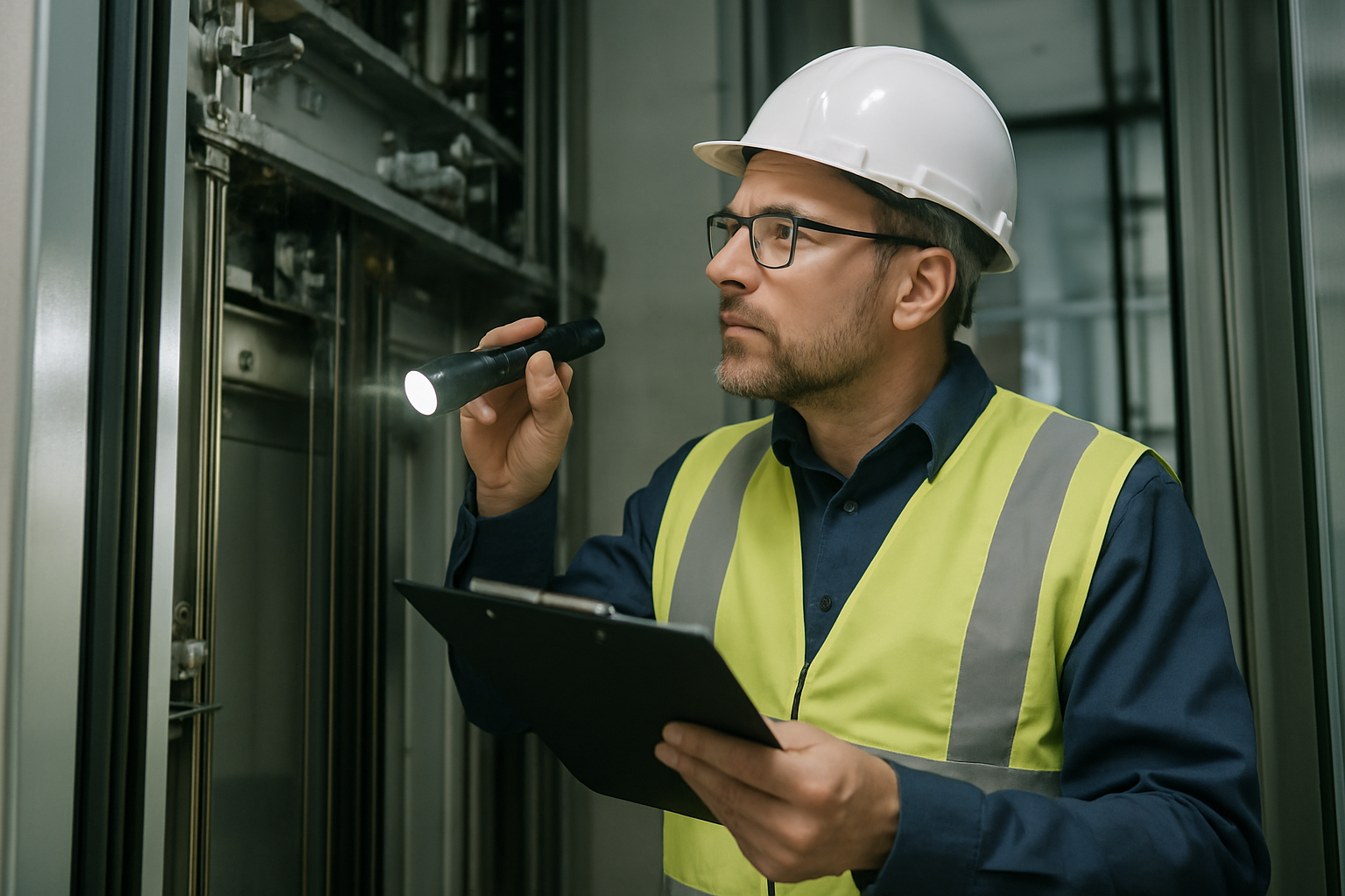 A licensed elevator inspector in safety gear inspects elevator shaft components in Maryland, representing who is allowed to inspect elevators in Maryland under state law.