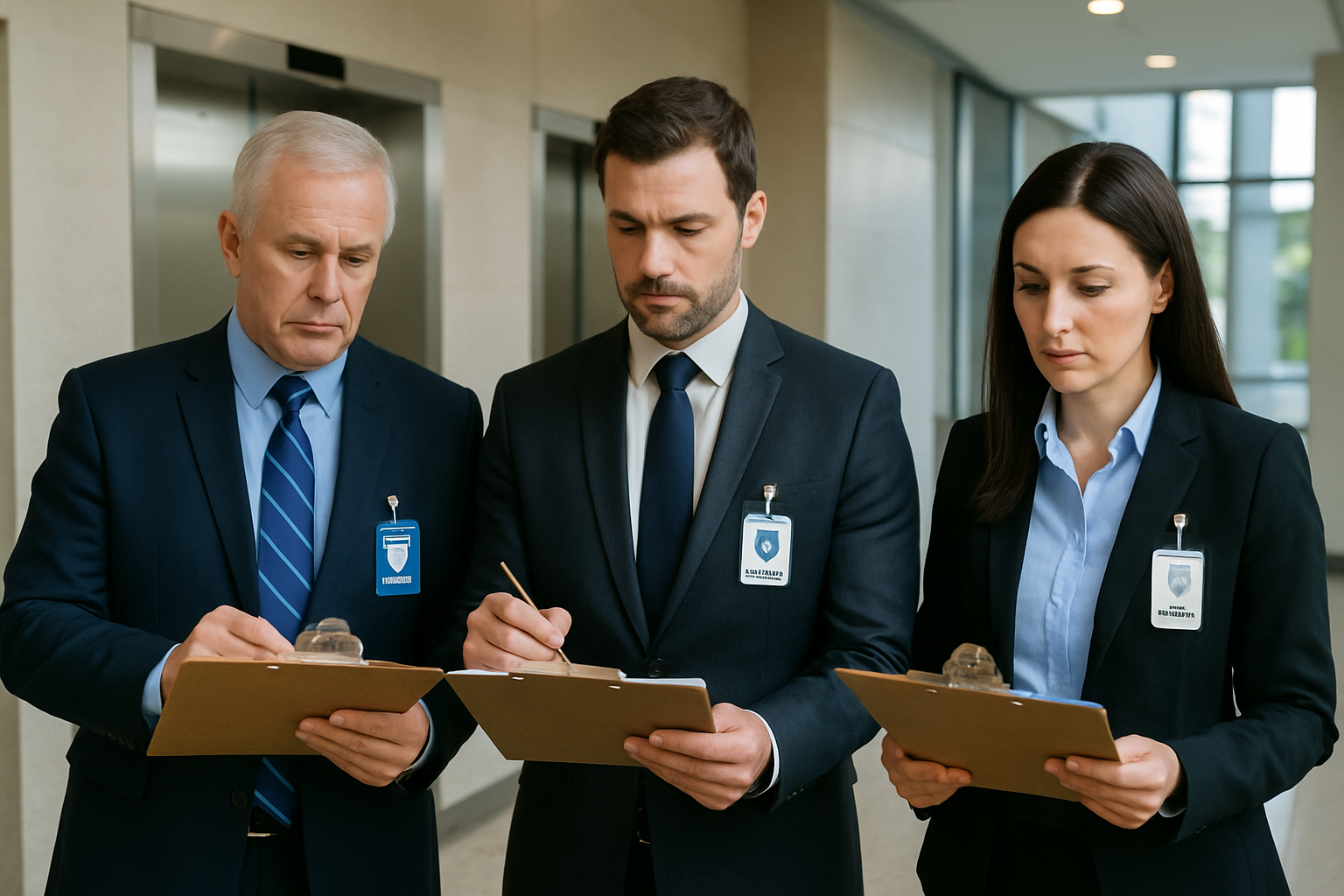 Three categories of Maryland-authorized elevator inspectors — state, special, and insurance inspectors — reviewing official inspection documents in a commercial building lobby.