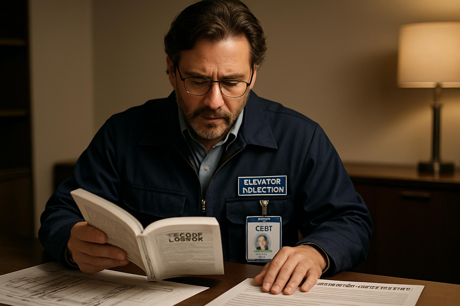 Maryland elevator inspector reviewing QEI certification credentials and ASME A17.1 code requirements, illustrating the qualifications required to legally inspect elevators in Maryland.