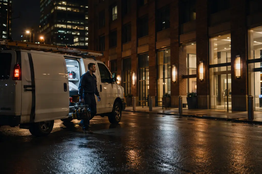 Licensed elevator technician arriving on-site for 24 hour elevator repair service at a mid-rise commercial building on a rain-slicked urban street at night