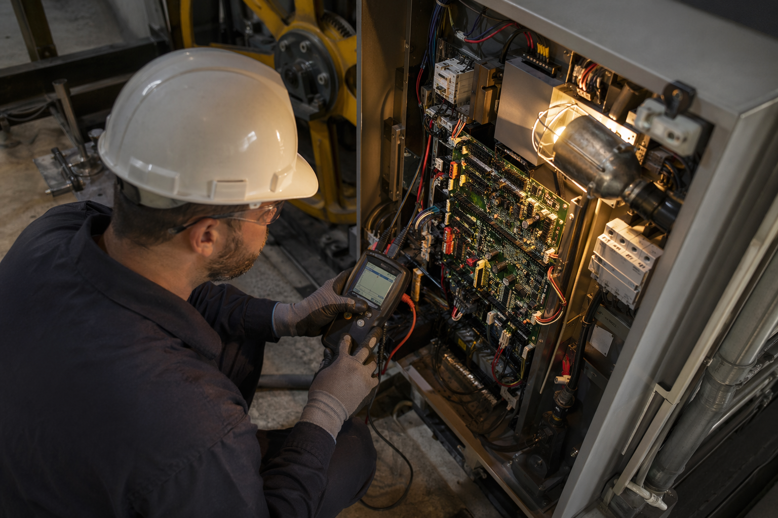 Certified Mechanic Diagnosing Elevator Controller Fault IUEC-certified elevator mechanic diagnosing a controller fault during an emergency elevator repair service call inside a commercial building machine room