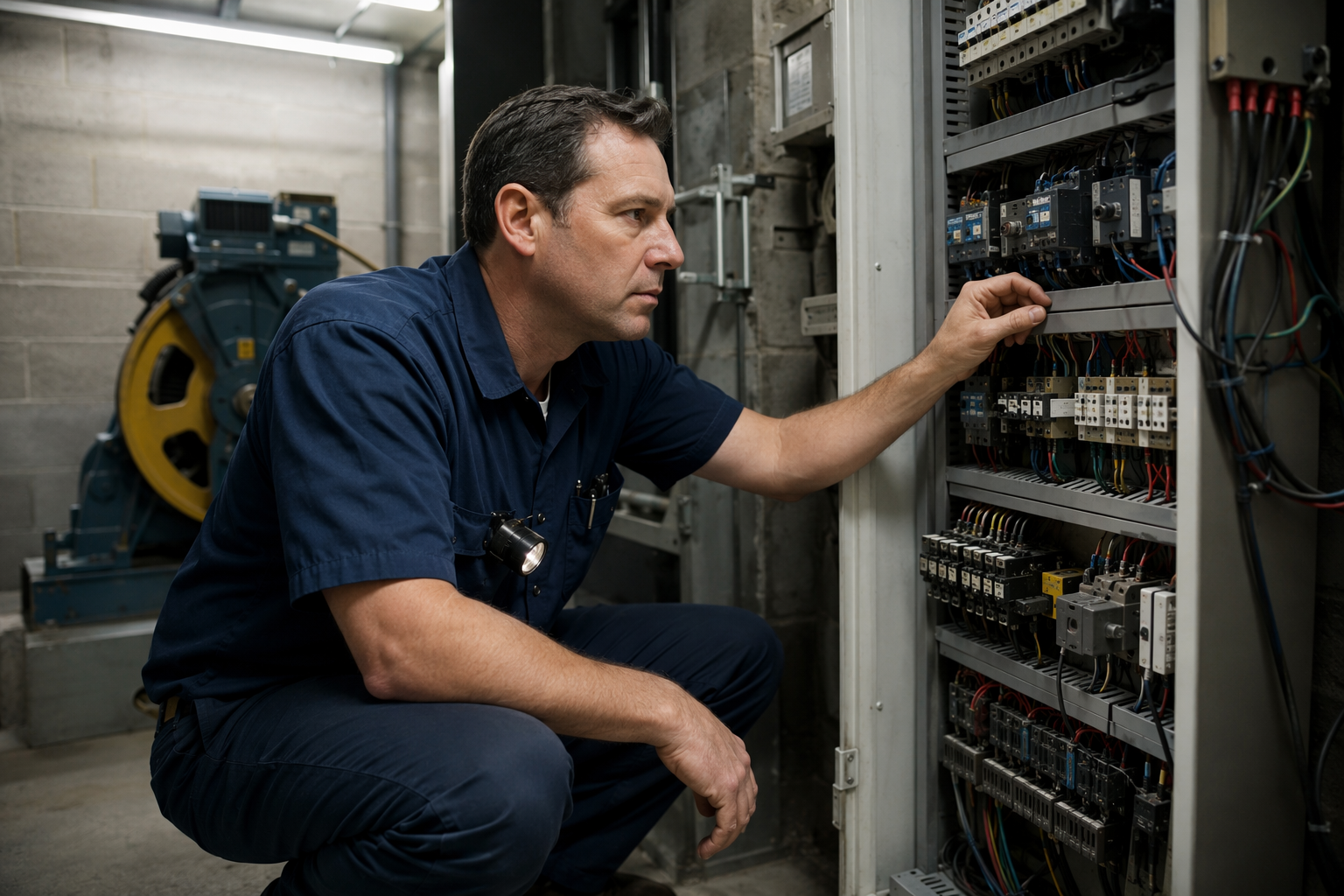 Licensed elevator technician diagnosing controller cabinet in a Baltimore machine room during an emergency breakdown service call