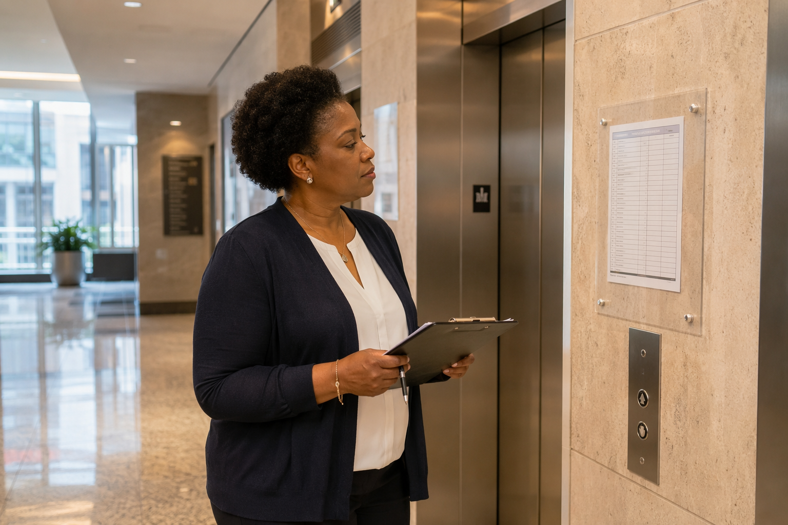 Property manager reviewing elevator emergency phone number contact sheet posted beside elevator call panel in a Washington DC office building lobby