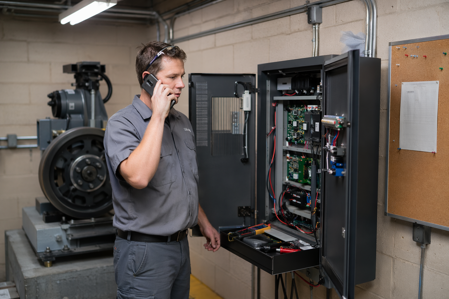 Elevator technician in Baltimore machine room responding to an emergency dispatch call beside an open controller cabinet during an elevator service emergency
