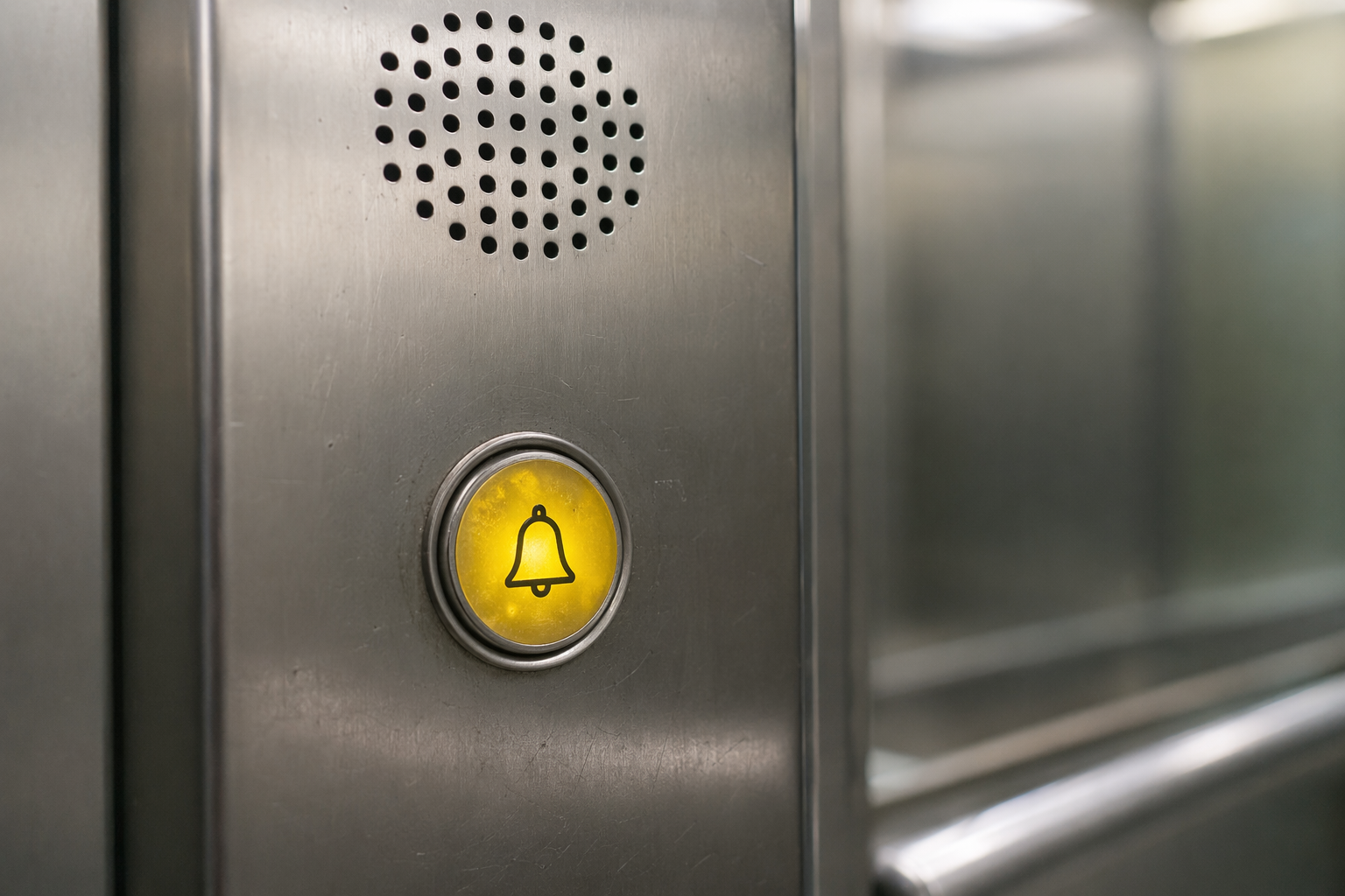Illuminated elevator emergency call button and hands-free speaker grille on stainless steel cab control panel, used to reach a 24/7 emergency dispatch line