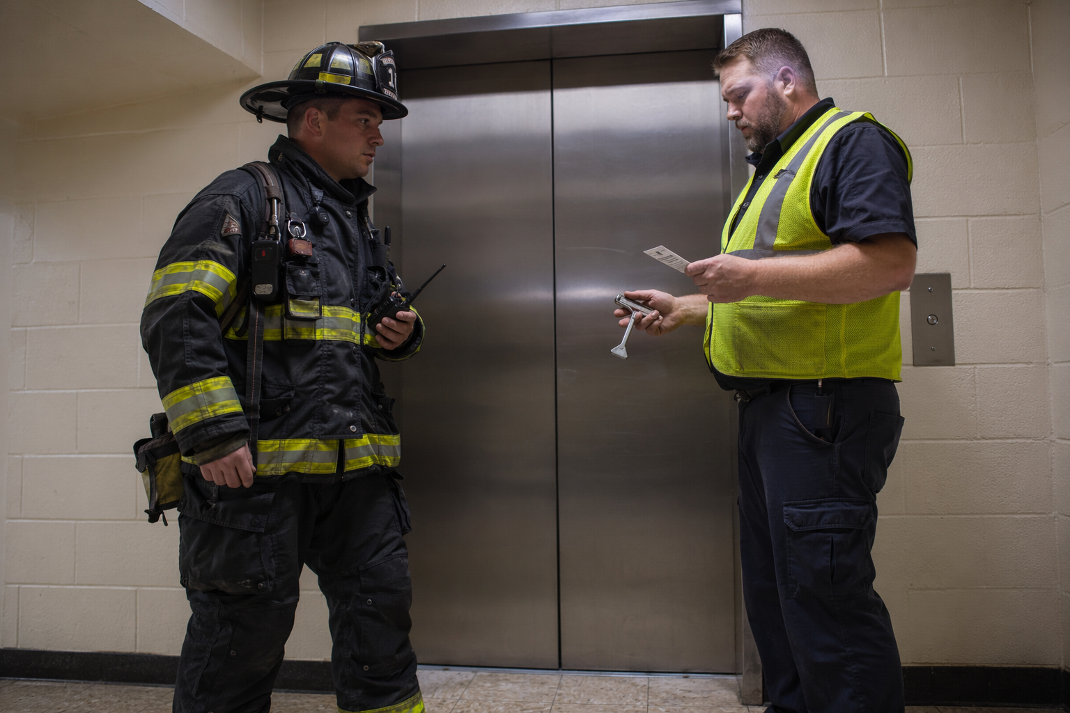 Elevator technician and firefighter coordinating elevator entrapment rescue procedure outside stainless steel elevator doors in a Philadelphia residential building