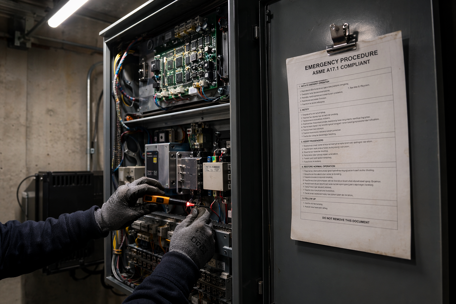 Elevator machine room controller with ASME A17.1 emergency rescue procedure placard and technician performing code-compliant safety inspection in Baltimore