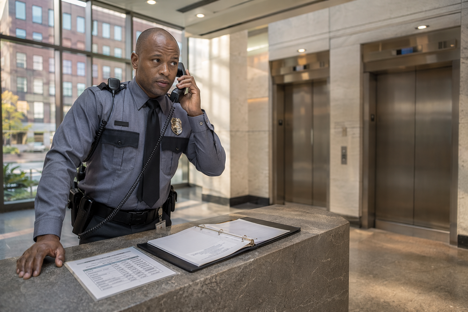 Building security officer calling elevator service company during an elevator entrapment rescue procedure in a Washington DC commercial office lobby