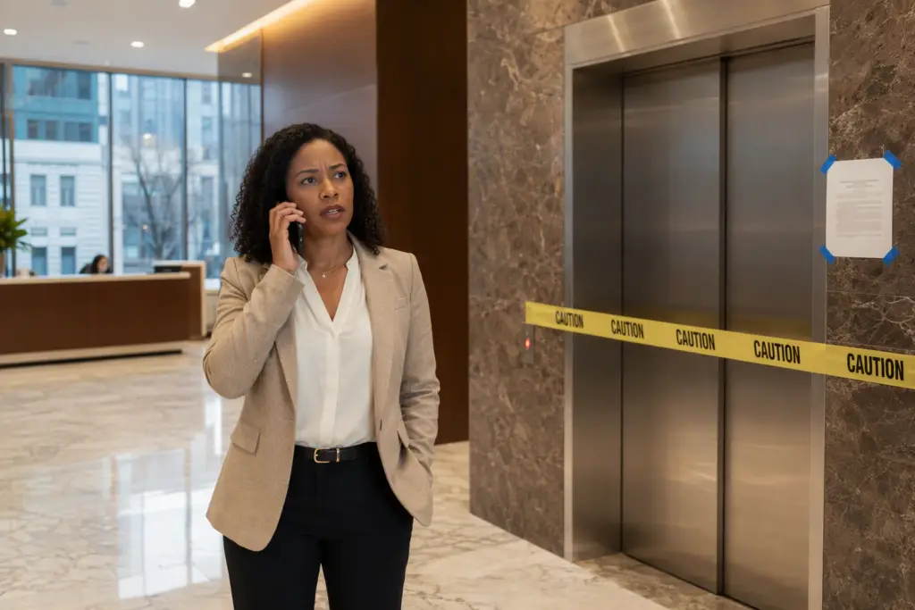 Property manager calling a licensed elevator service company from a Baltimore office building lobby with an out-of-service elevator secured behind caution tape