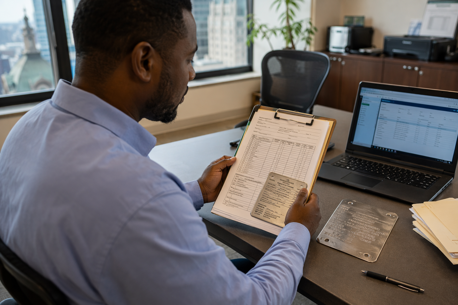 Gathering Elevator Information Before Calling for Repair Building manager reviewing elevator inspection certificate, serial number plate, and maintenance log before calling an elevator repair company in Philadelphia