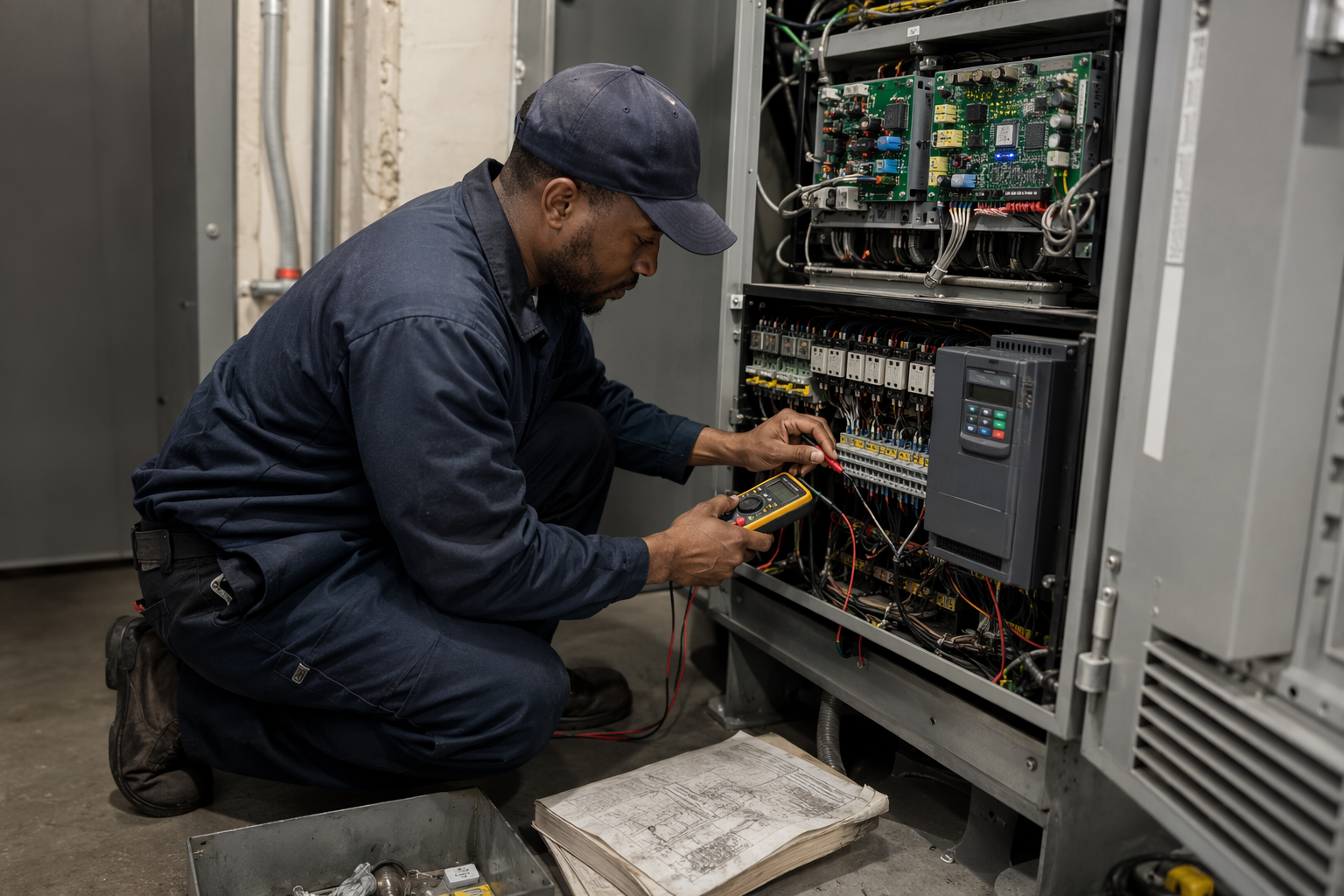 Diagnosing Elevator Repair Timeline at the Controller Elevator technician diagnosing a controller cabinet with a multimeter in a machine room, illustrating factors that affect how fast an elevator can be repaired