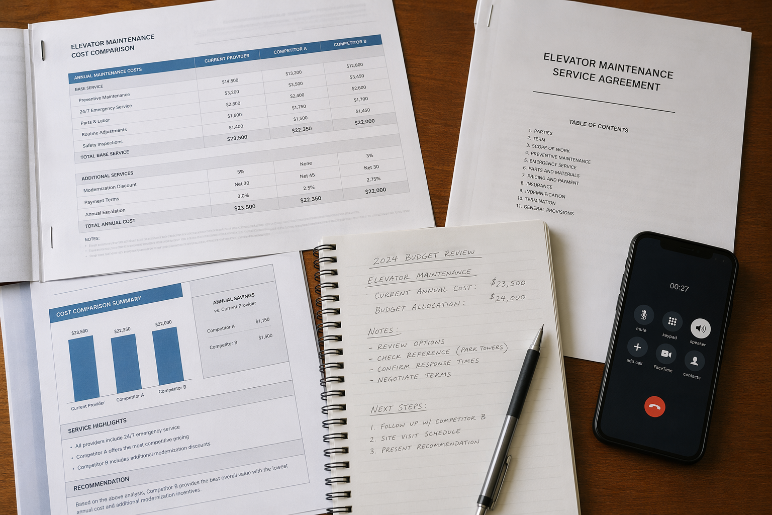Comparing Annual Elevator Maintenance Costs Property manager's desk with elevator maintenance cost comparison documents, service contract, and budget notes representing annual elevator maintenance pricing research.