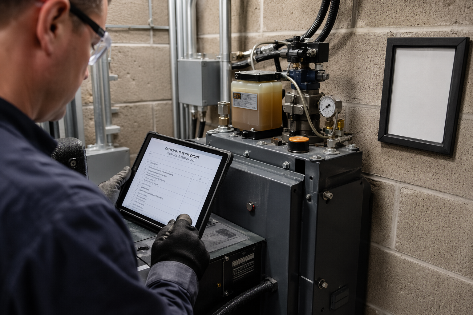 Authorized Inspector Reviewing Machine Room Equipment QEI-certified elevator inspector examining a hydraulic elevator controller and fluid reservoir in a commercial machine room during an official code compliance inspection.