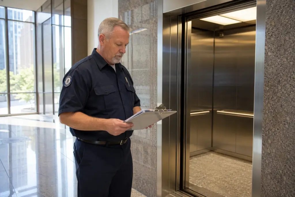 Licensed elevator inspector reviewing annual inspection paperwork beside an open commercial elevator cab in a mid-rise office building lobby in Baltimore MD.