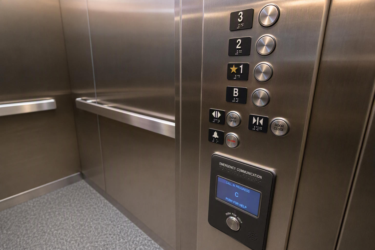 ADA-compliant elevator cab control panel showing raised Braille buttons, visual signals, and two-way emergency communication display required under ADA Standards for Accessible Design