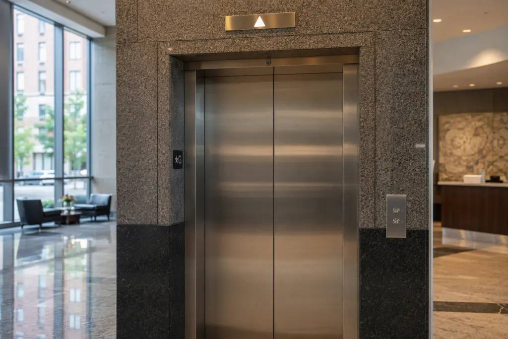 ADA-compliant elevator entrance with raised call buttons, arrival lantern, and Braille jamb signage in a Baltimore MD commercial office building lobby