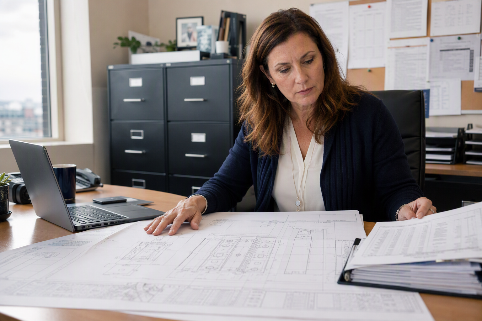 Building manager reviewing ADA elevator compliance drawings and accessibility upgrade checklist at a desk in a Baltimore commercial property management office