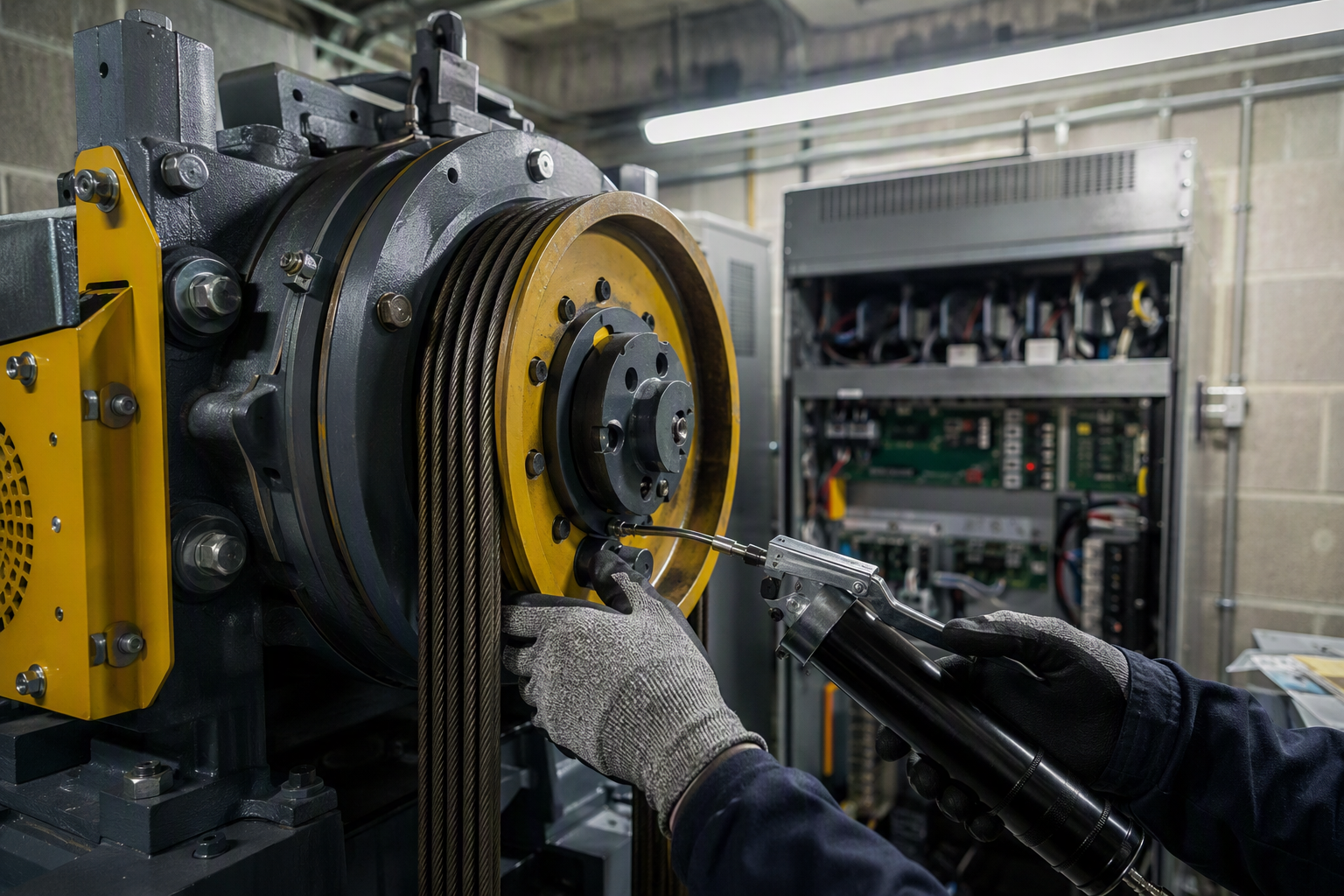 Machine Room Maintenance Factors Elevator technician lubricating a traction drive sheave inside a machine room — equipment age and type are key factors affecting annual elevator maintenance cost