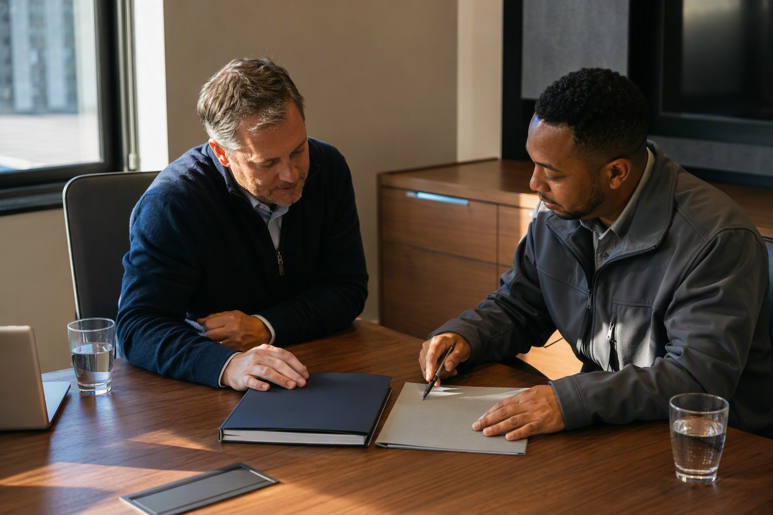 Comparing Elevator Service Contract Types Building facilities manager and elevator service rep comparing full-maintenance versus oil-and-grease contract documents to evaluate annual elevator maintenance pricing