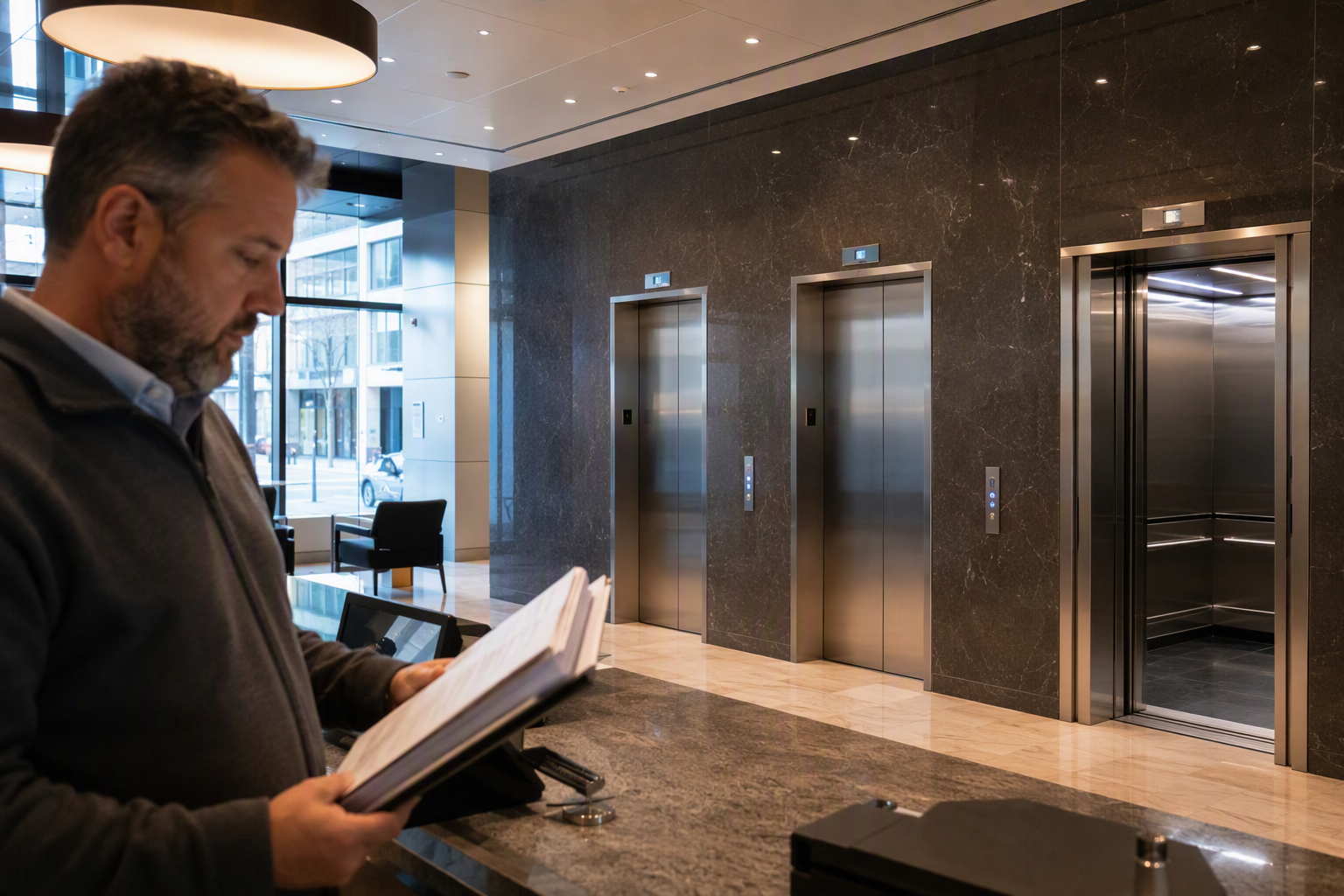 Elevator Maintenance Cost Planning Building manager reviewing elevator maintenance cost contract in a Baltimore commercial office lobby with three stainless-steel elevator doors visible behind him
