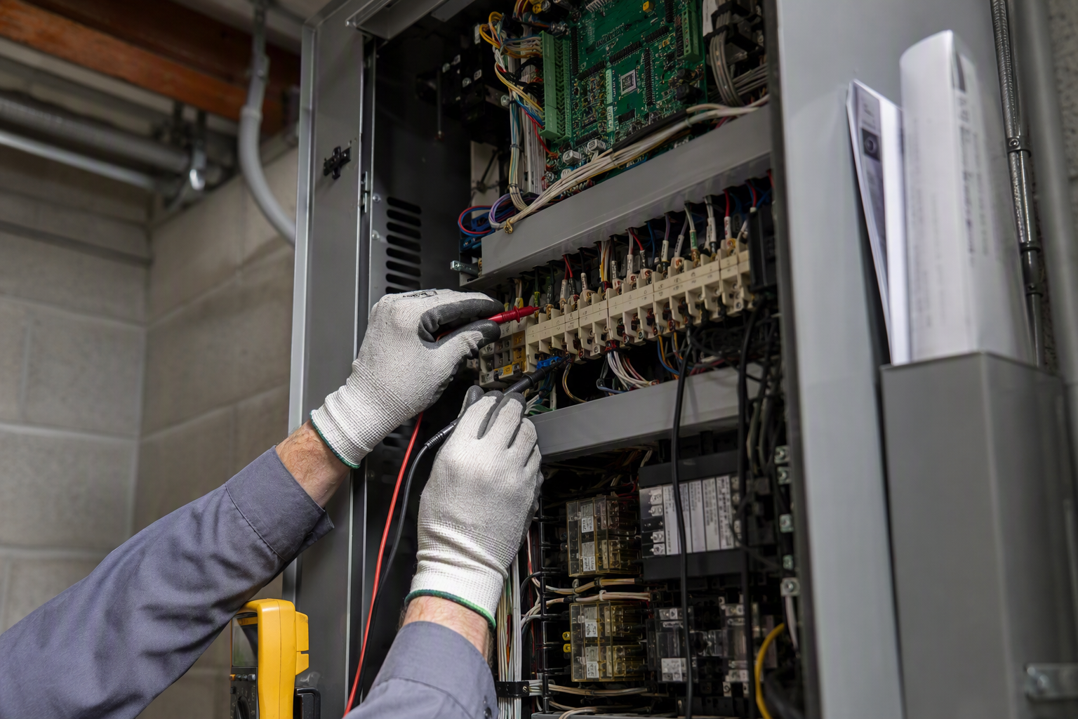 Controller Diagnostics: A Key Maintenance Cost Factor Elevator technician testing a traction elevator controller in a commercial building machine room — a key cost driver in annual elevator maintenance agreements