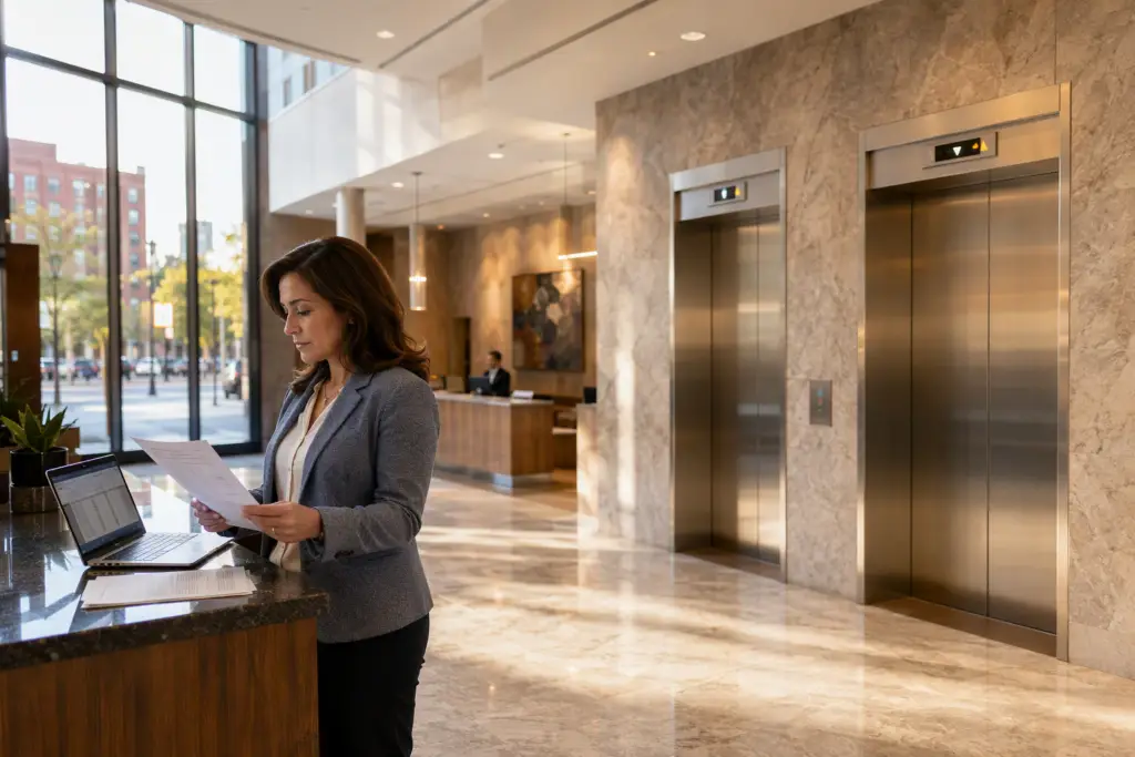 Building manager reviewing annual elevator maintenance cost contract documents in a mid-rise Baltimore commercial office building lobby with stainless-steel elevator doors behind her