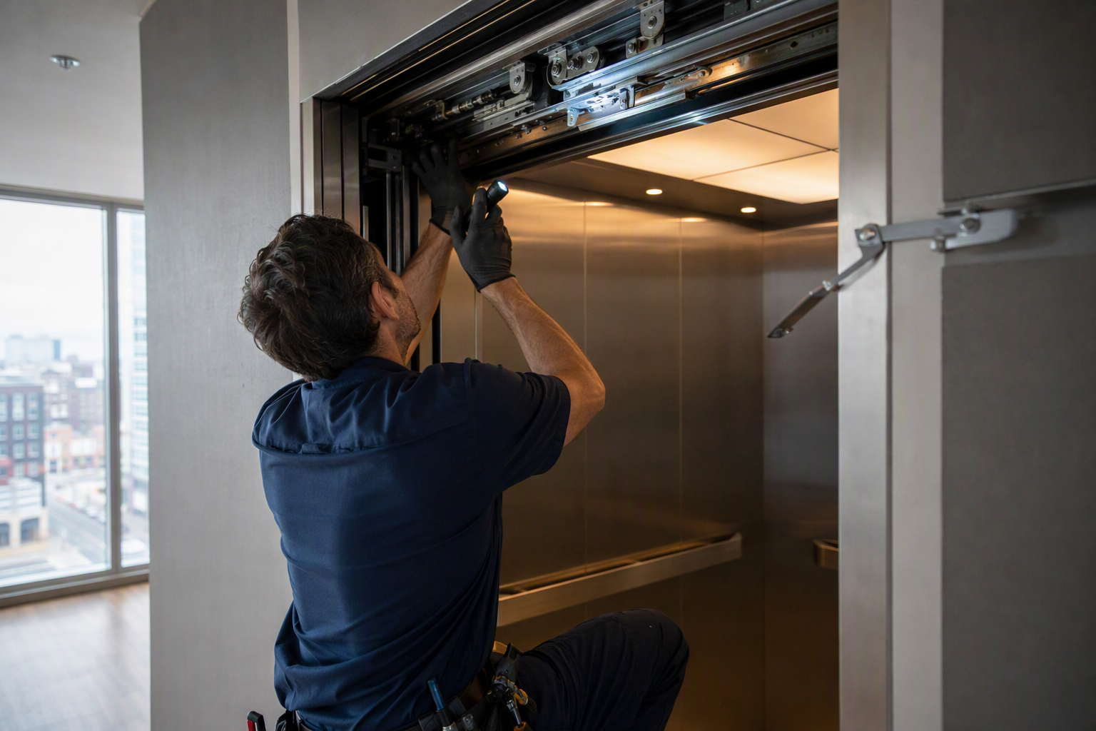 Elevator technician inspecting door operator and hanger rollers inside a commercial building elevator cab — door equipment is a major exclusion in lower-cost maintenance contracts