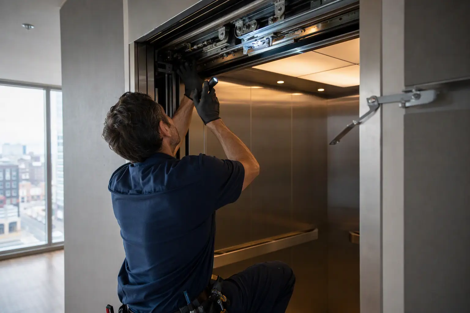 Door Operator Inspection: What Your Contract May Exclude Elevator technician inspecting door operator and hanger rollers inside a commercial building elevator cab — door equipment is a major exclusion in lower-cost maintenance contracts