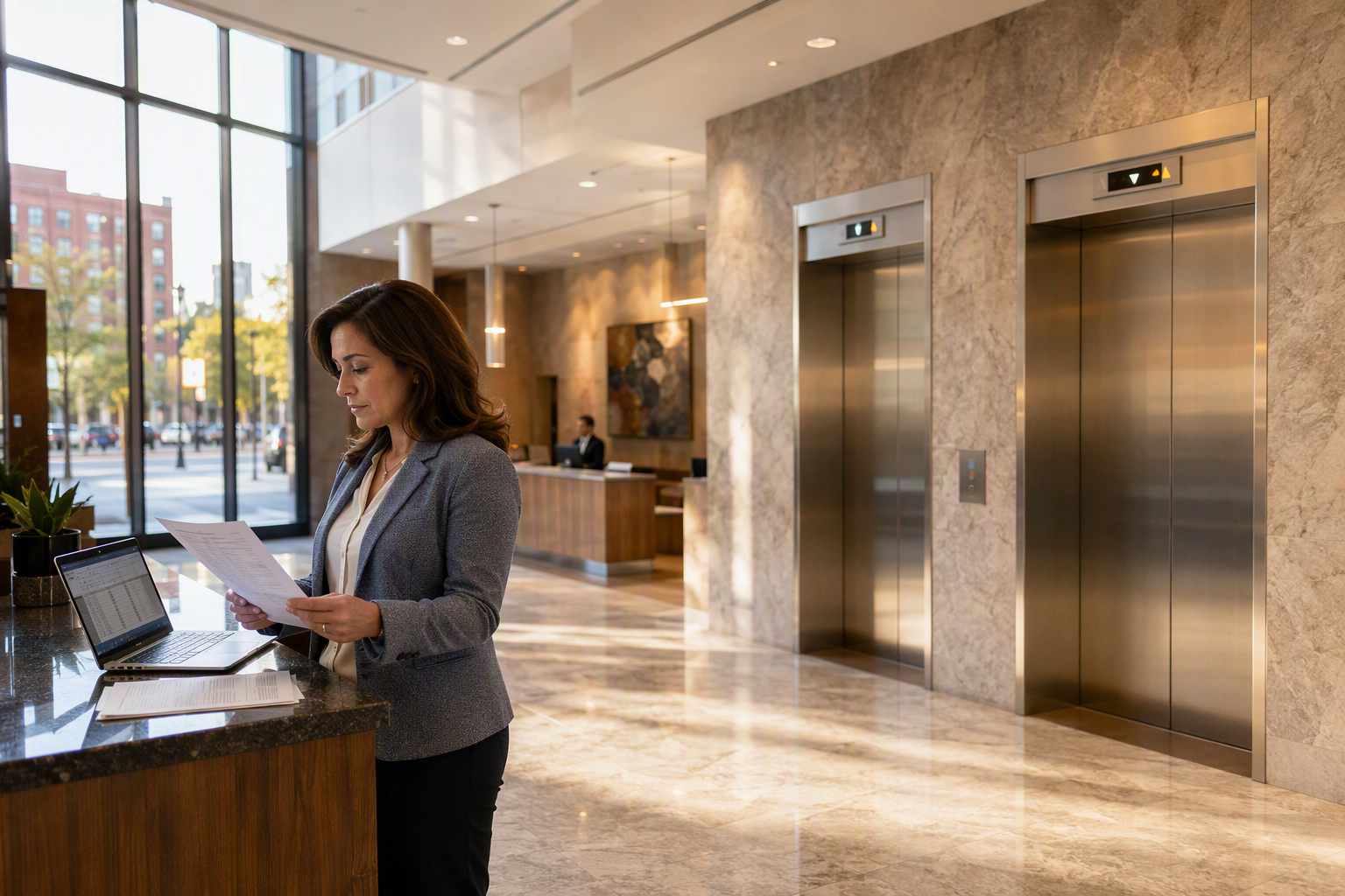 Elevator Maintenance Cost Planning Building manager reviewing annual elevator maintenance cost contract documents in a mid-rise Baltimore commercial office building lobby with stainless-steel elevator doors behind her