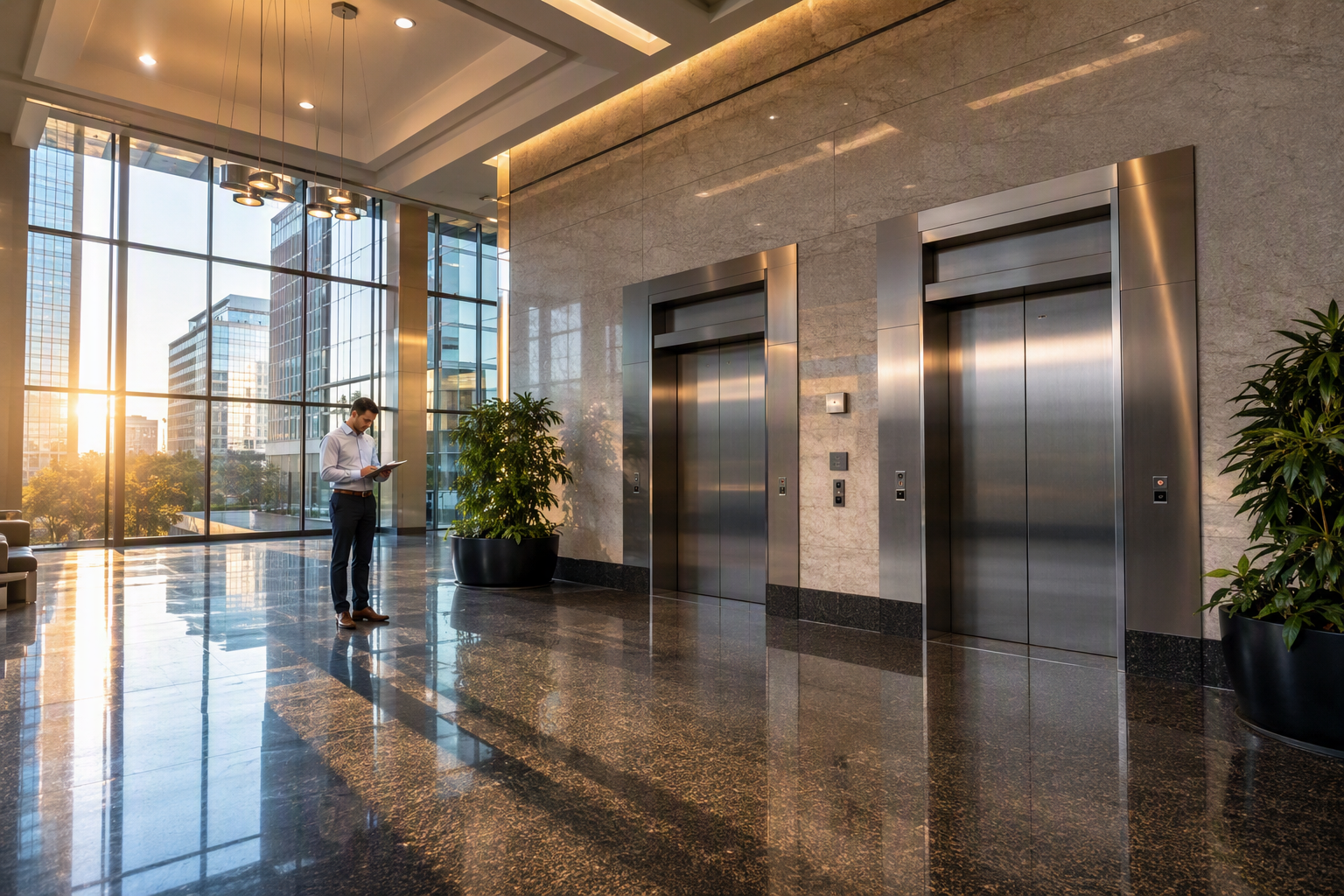 Elevator bank in a Washington DC commercial office building lobby — the kind serviced by the best elevator maintenance company in Washington