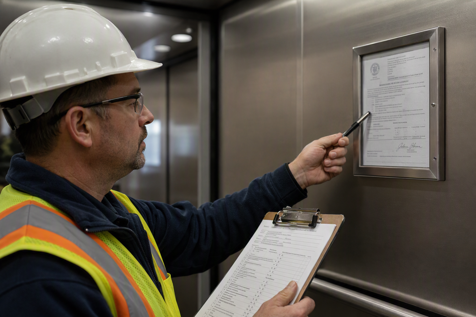 Licensed elevator inspector reviewing a DC DCRA Certificate of Inspection inside an elevator cab during an annual compliance inspection in Washington DC