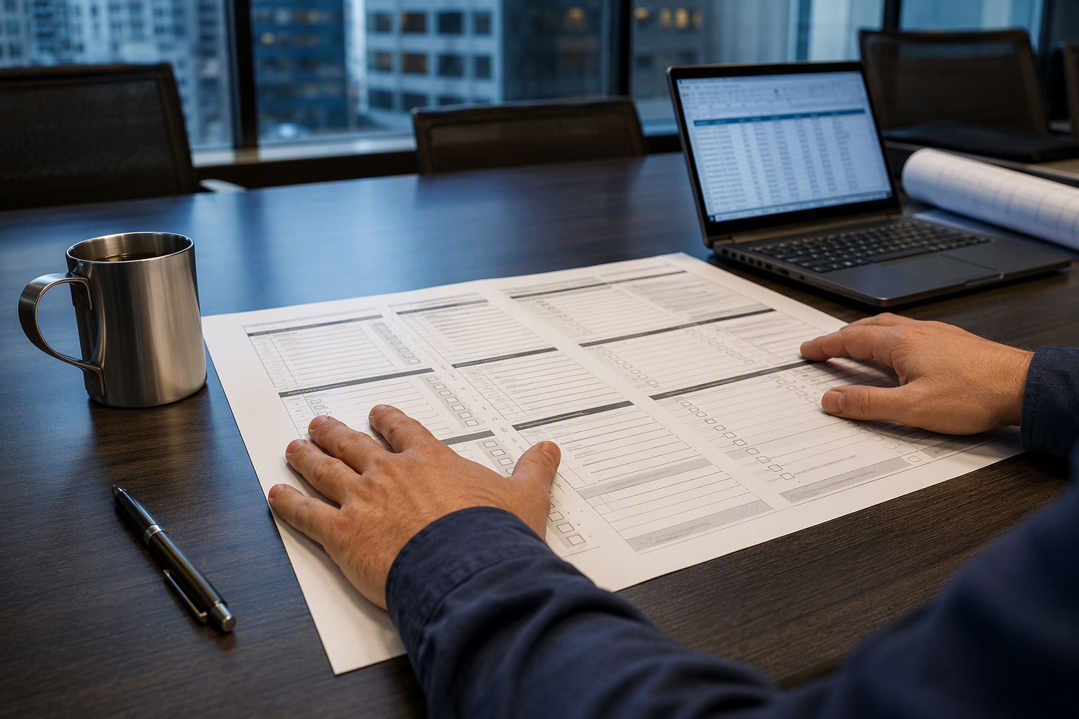 Building manager reviewing an elevator preventive maintenance agreement contract at a Washington DC property management office