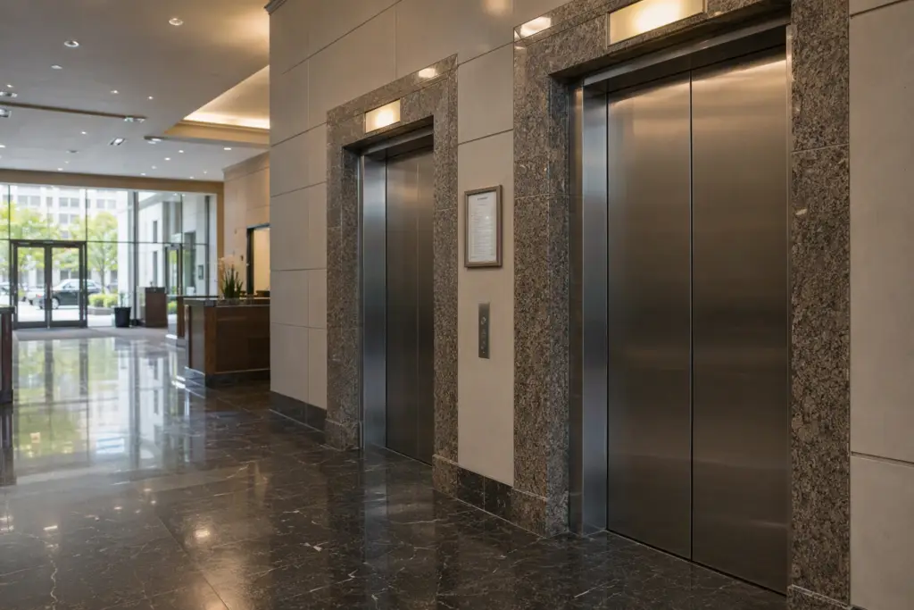 Two stainless steel elevator doors in a Baltimore commercial office lobby with inspection certificate mounted on wall between them, illustrating elevator safety compliance
