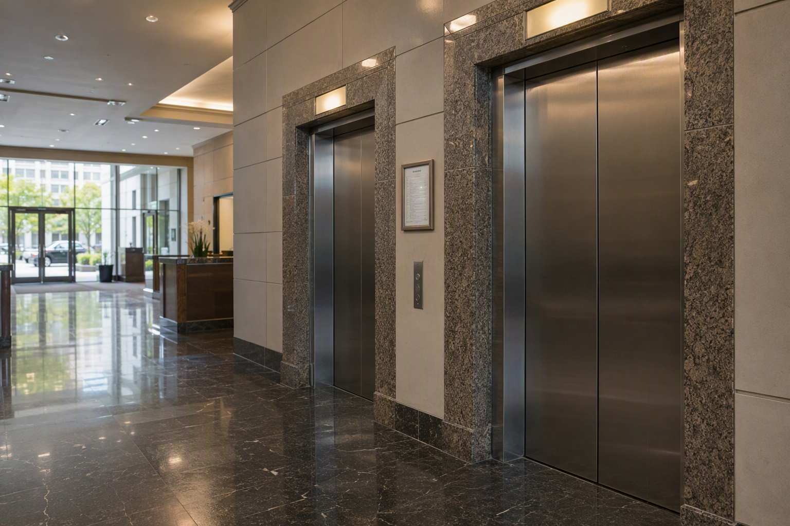 Two stainless steel elevator doors in a Baltimore commercial office lobby with inspection certificate mounted on wall between them, illustrating elevator safety compliance