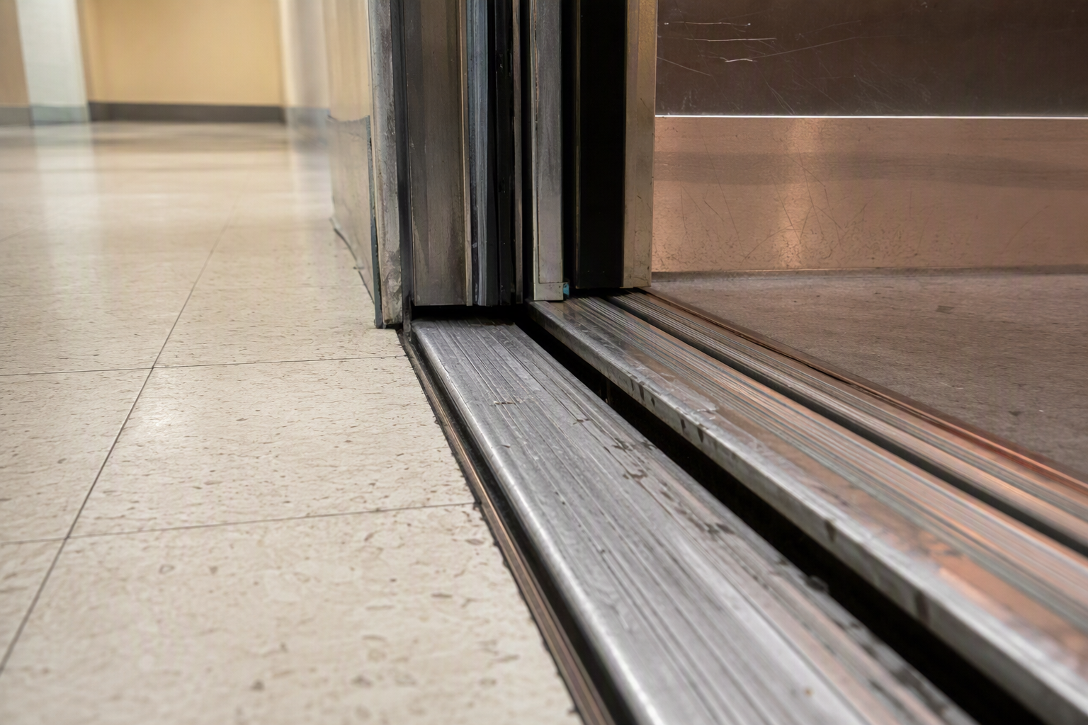 Elevator cab floor sitting one inch below the landing threshold, a common leveling failure and leading cause of passenger trip-and-fall elevator accidents in multifamily buildings