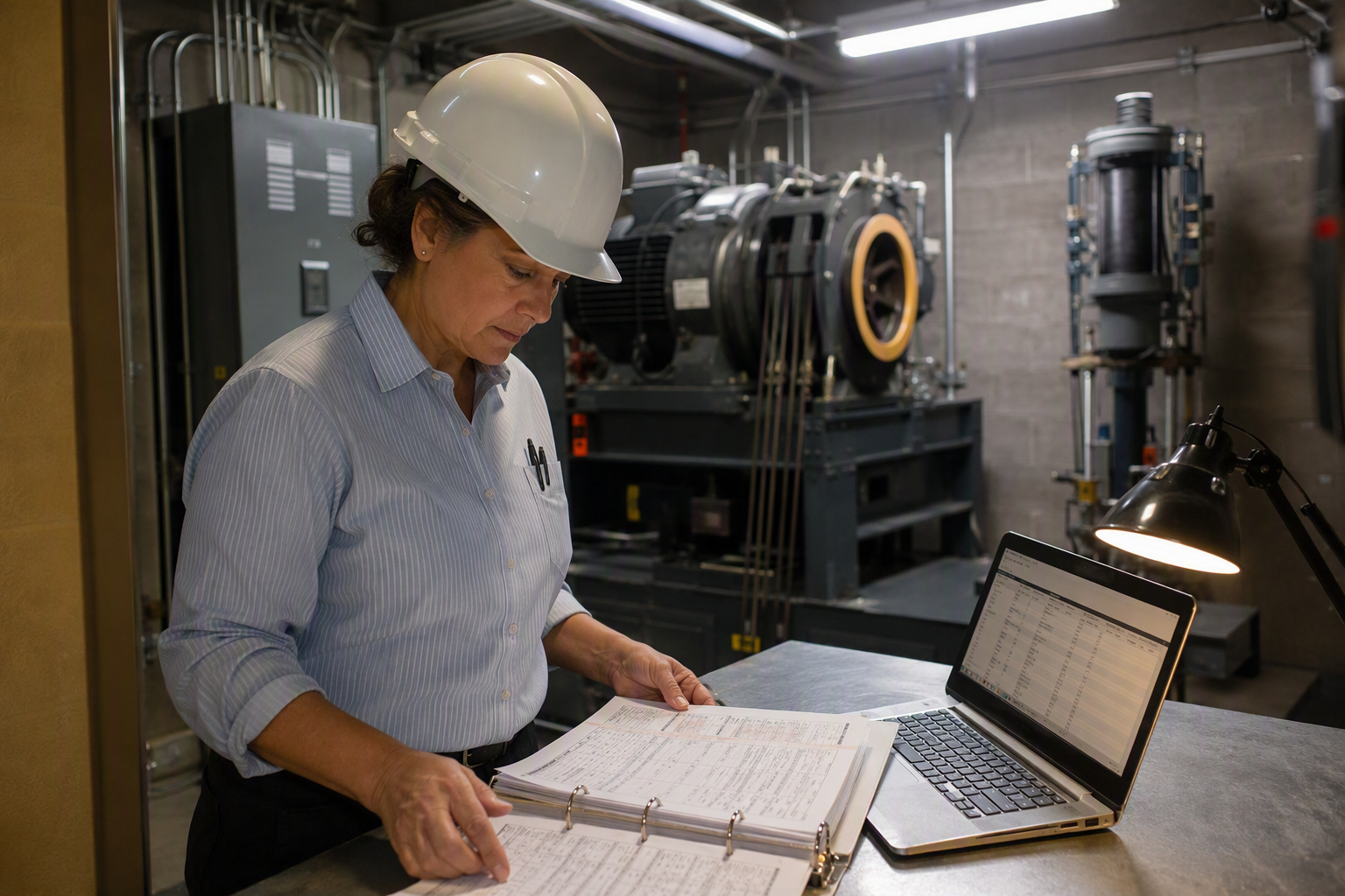 Facilities manager reviewing elevator maintenance logs and service schedule in a machine room, comparing proactive maintenance contracts versus reactive repair approaches to reduce elevator accident r