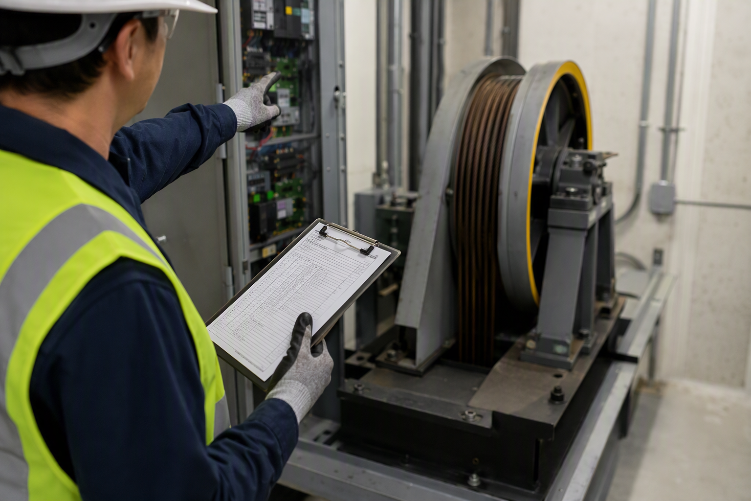 Mandatory Elevator Inspection and Compliance Costs Certified elevator inspector reviewing a compliance checklist in a commercial building machine room, a key cost driver when budgeting for mandatory elevator inspection and testing obligations.