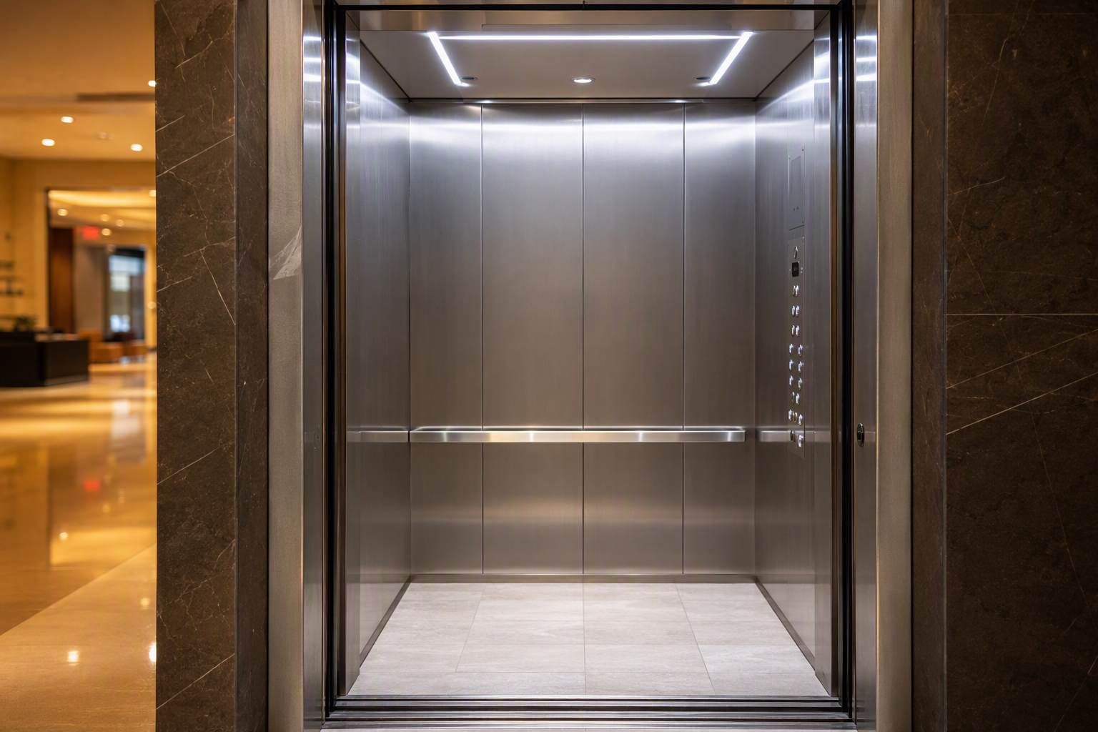 Elevator Modernization and Component Replacement Costs Modernized elevator cab interior with updated LED lighting, brushed stainless steel panels, and ADA-compliant Braille button fixtures, representing capital replacement costs in a 2027 elevator mainten