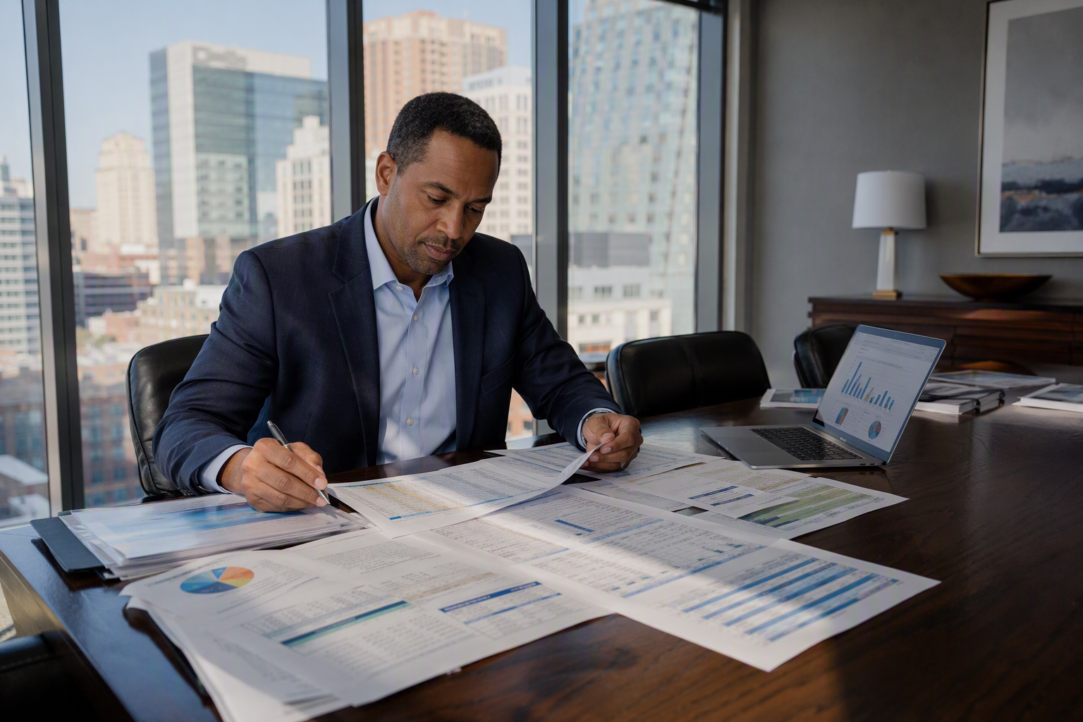 2027 Elevator Maintenance Budget Planning Facility manager reviewing elevator repair and maintenance budget documents at a conference table while planning for the 2027 fiscal year capital expenditure cycle.
