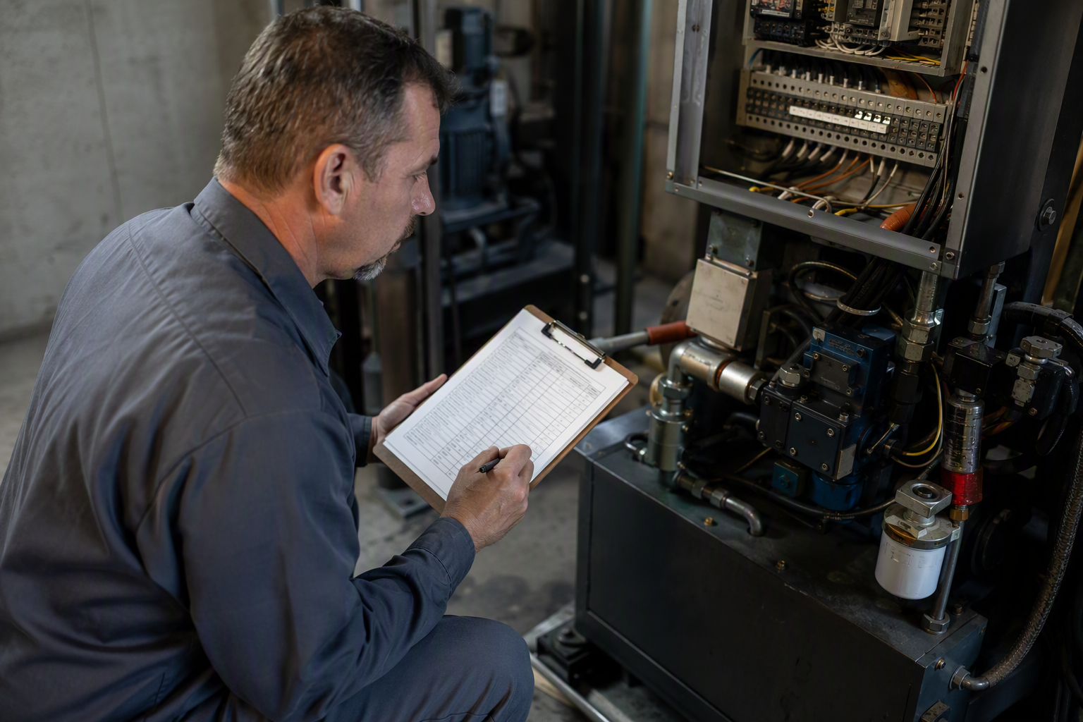 Elevator Condition Assessment in the Machine Room Elevator technician conducting a condition assessment of a hydraulic machine room in a Philadelphia apartment building to establish a capital plan baseline