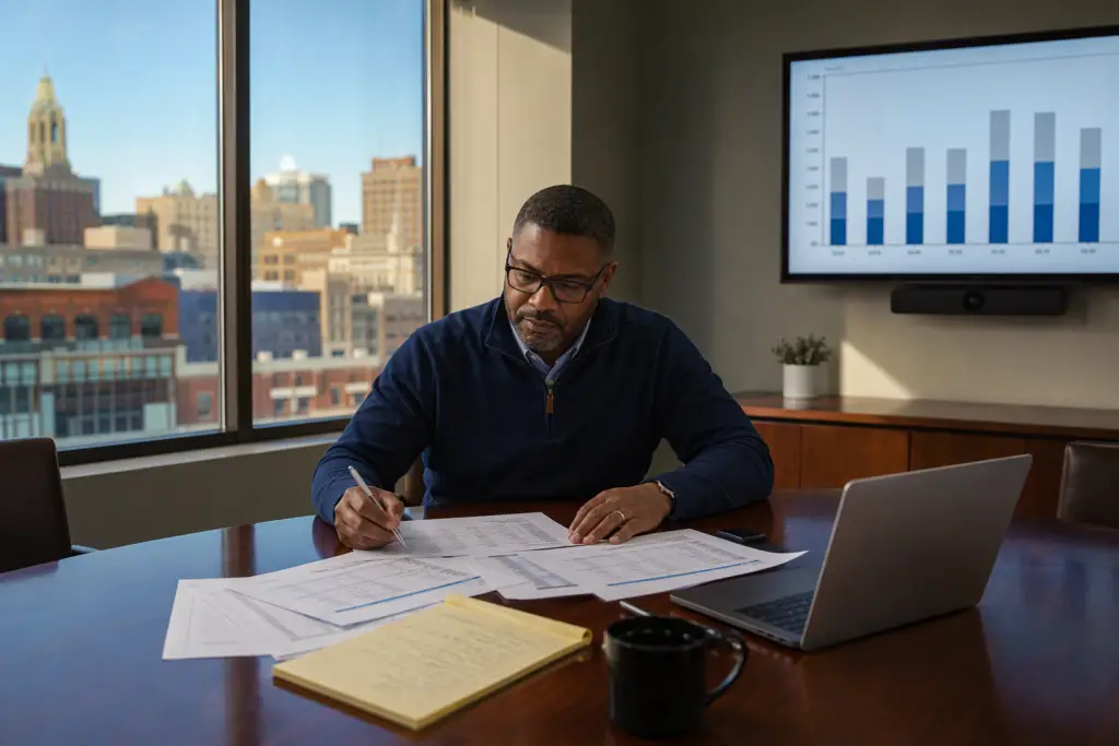 Facilities manager reviewing elevator maintenance and repair line items in a 2027 fiscal year capital plan spreadsheet at a Baltimore office conference table