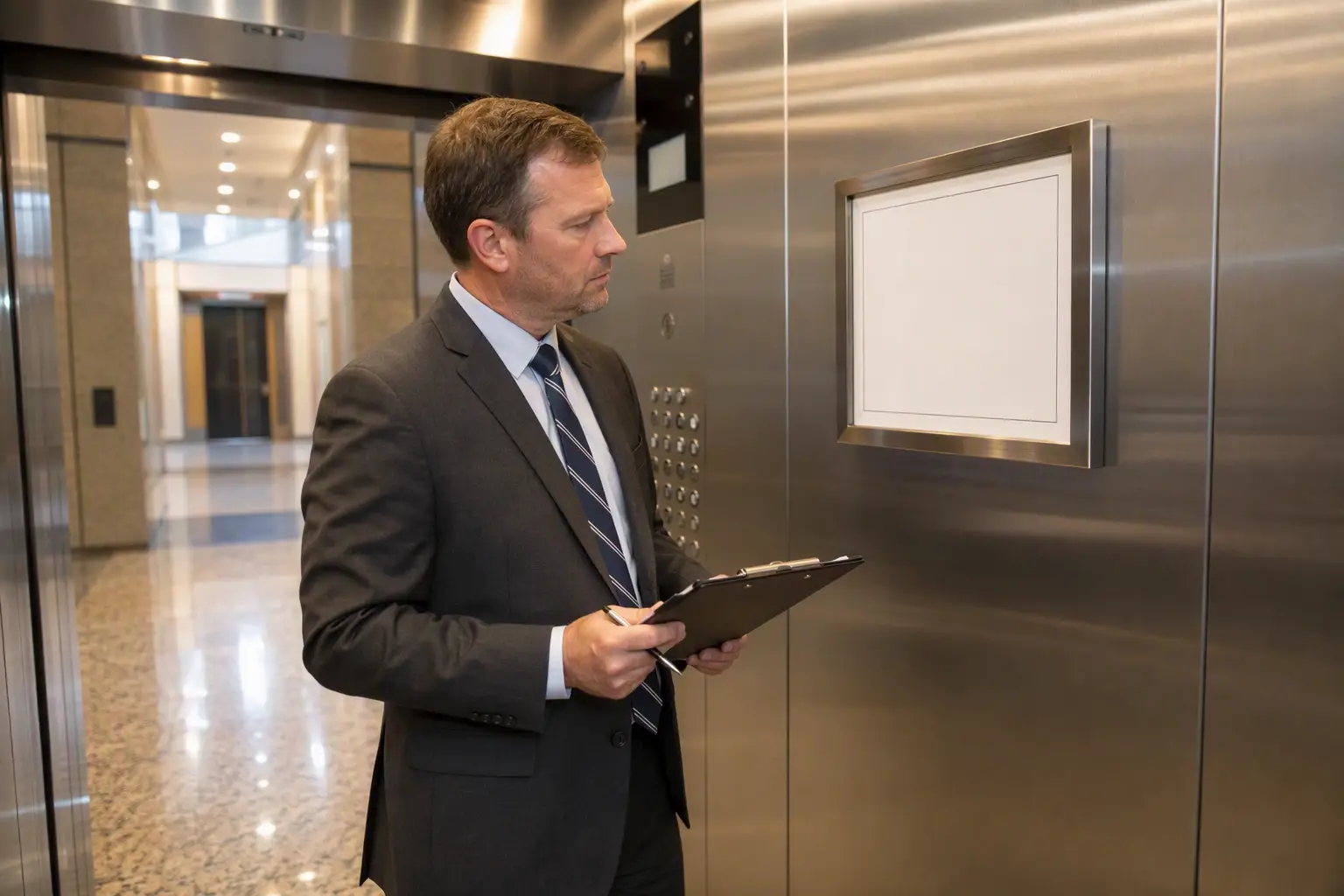 Annual Elevator Inspection Certificate Review Building inspector reviewing a posted elevator inspection certificate inside a Washington DC commercial office building cab as part of annual compliance requirements