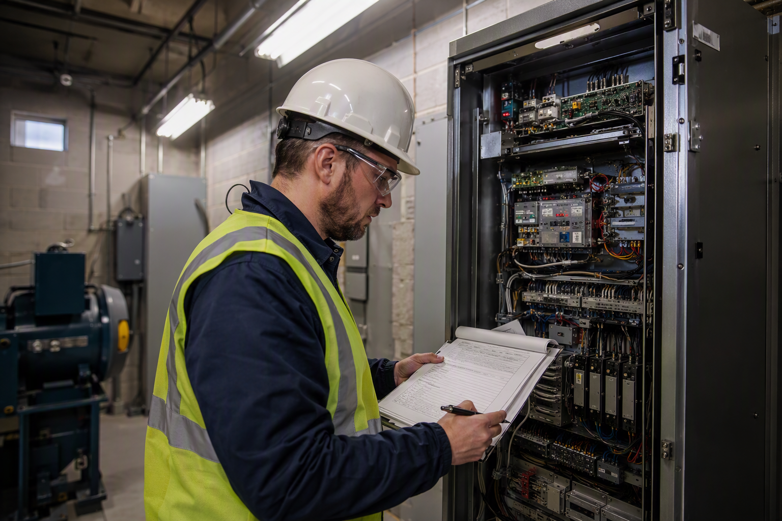 Elevator Code Inspection Documentation Review Elevator inspector reviewing ASME A17.1 compliance documentation at a controller cabinet in a commercial machine room serving a senior living facility