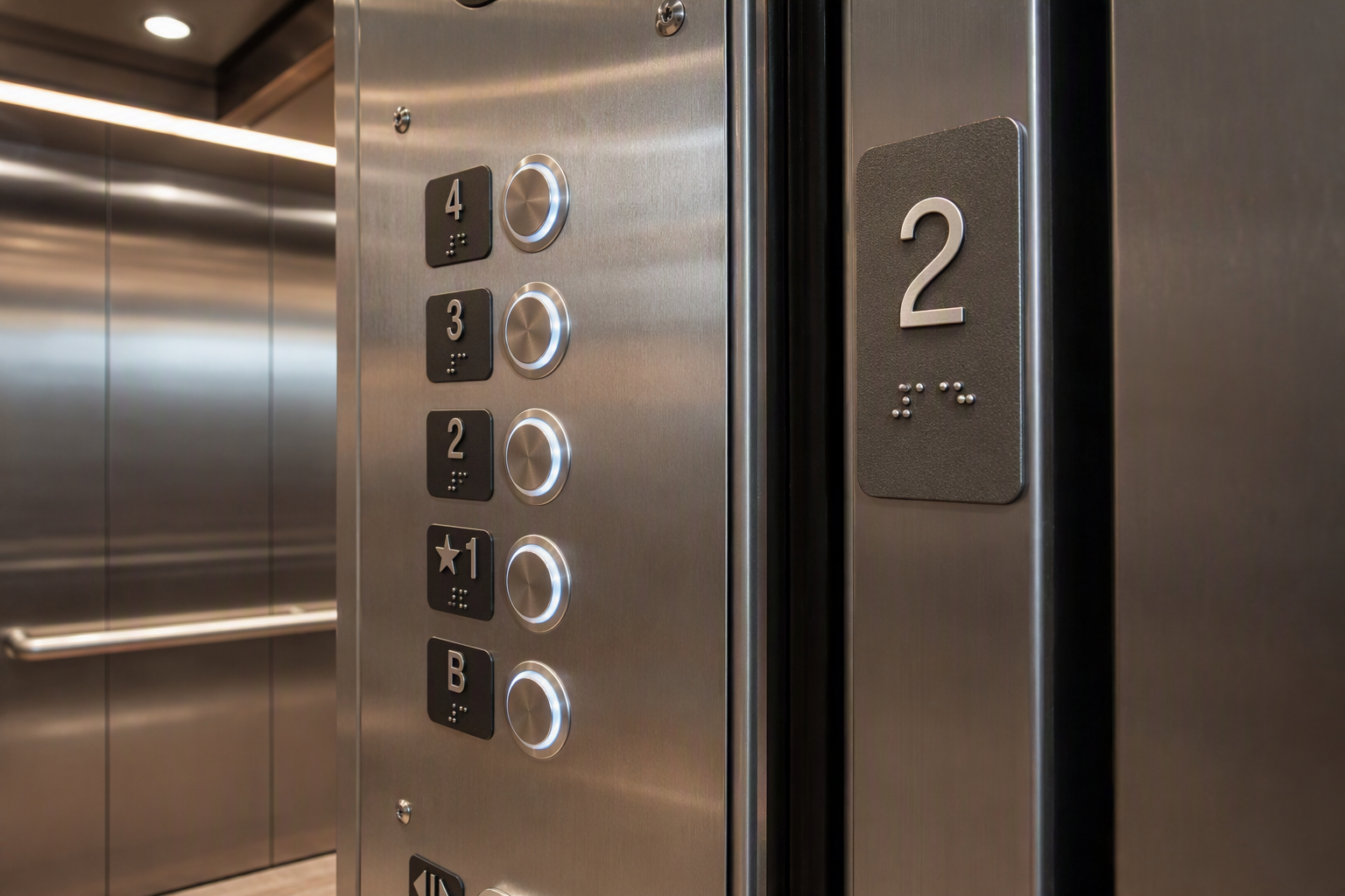 ADA Elevator Control Panel and Braille Jamb Signage ADA-compliant elevator control panel with raised tactile buttons, Braille labels, and jamb floor designations inside an assisted living facility cab meeting elevator code compliance requirements