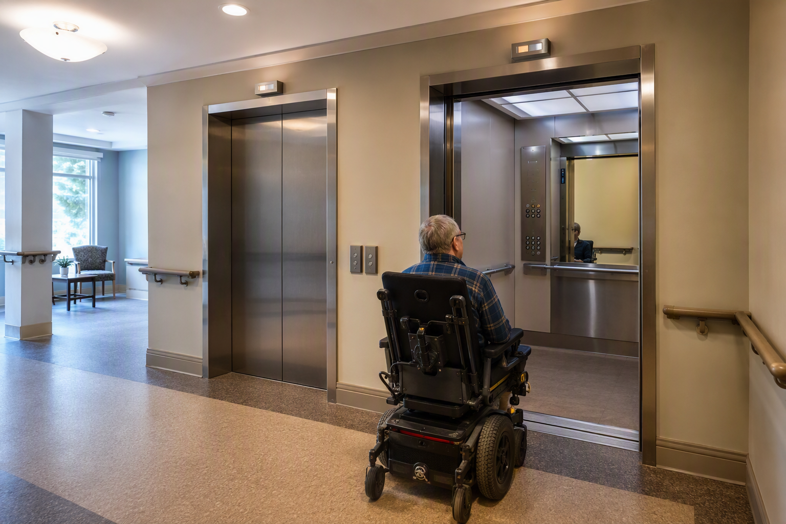 ADA-Compliant Senior Living Elevator Lobby ADA-compliant elevator lobby in a senior living facility showing accessible call buttons, Braille jamb signage, wide cab opening, and a resident in a wheelchair — elevator code compliance for assisted