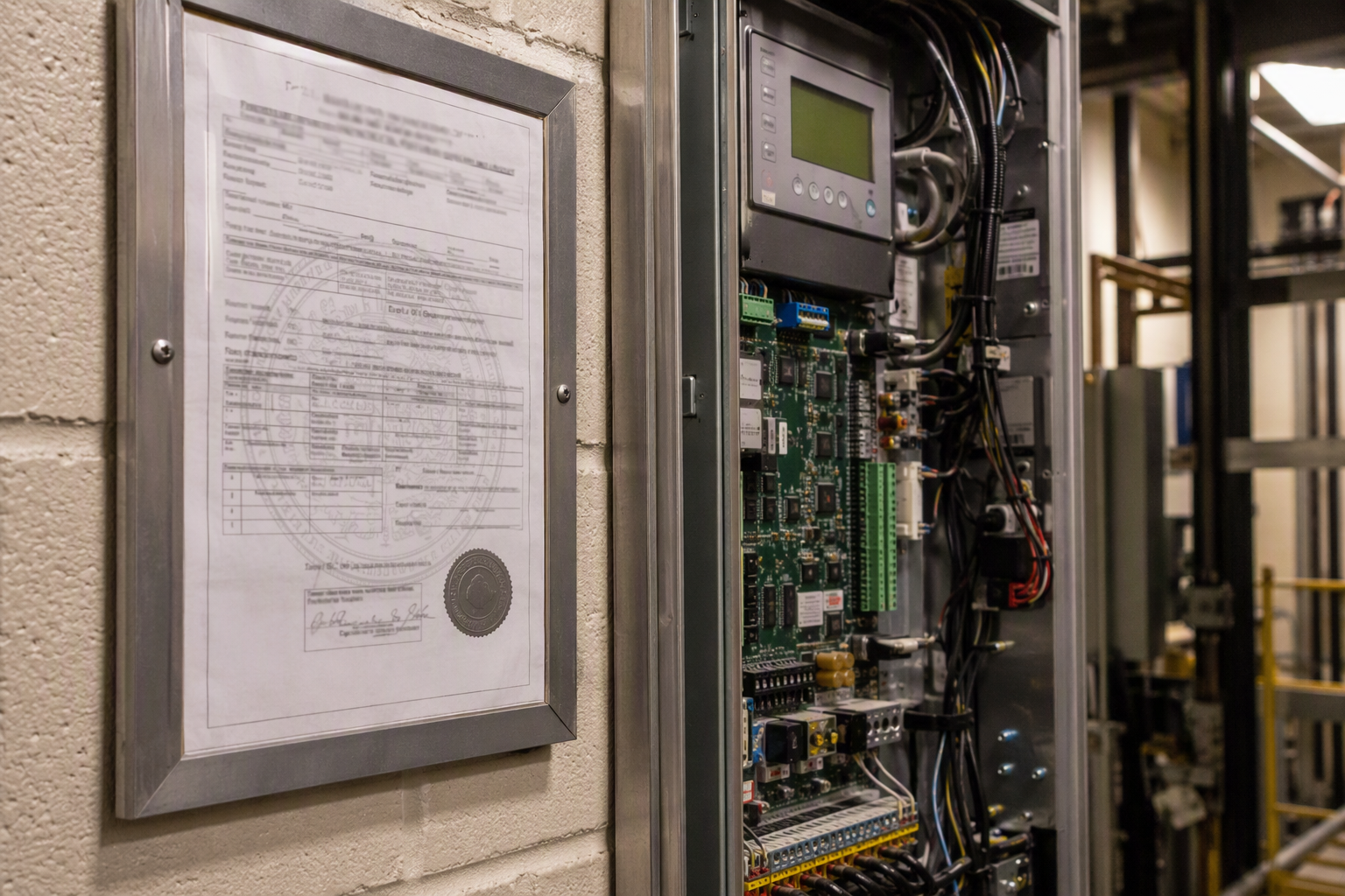 Maryland Elevator Compliance Certificate and Controller Maryland elevator inspection certificate and modern microprocessor controller in a Baltimore building machine room, illustrating code compliance requirements triggered by change of use.