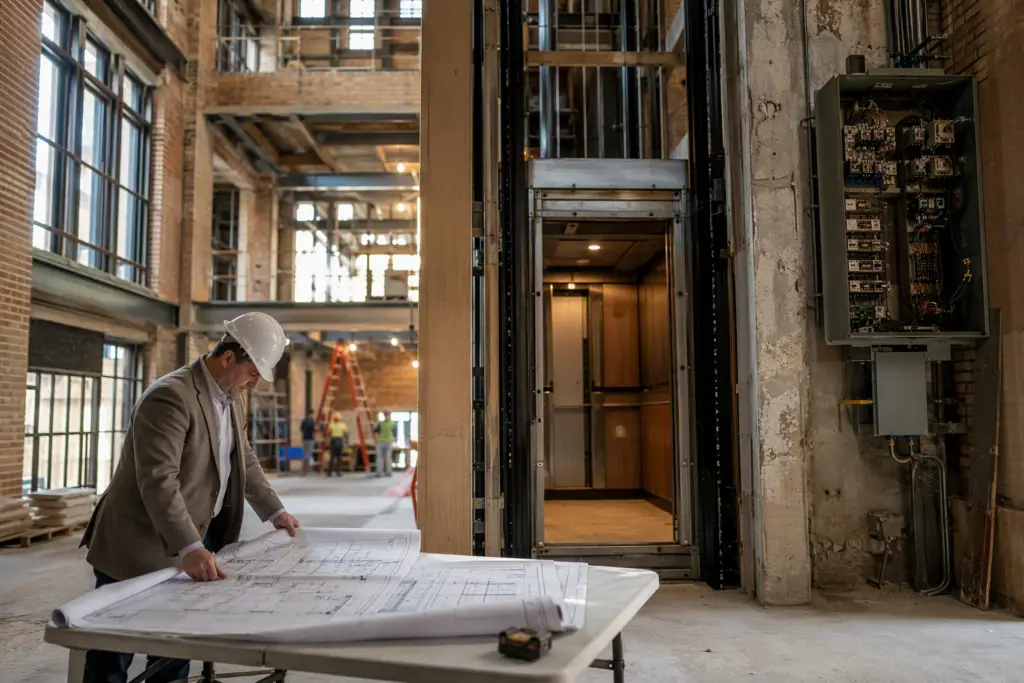 Building manager reviewing elevator upgrade plans inside a Baltimore commercial building undergoing major renovation and change of use, with existing elevator cab visible in background.